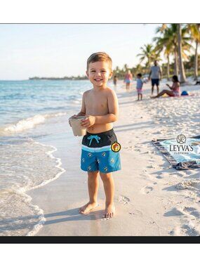 Buc-ees Boys Swim Trunks 3T Blue & Black With Logo Print Elastic Waist & Drawstr